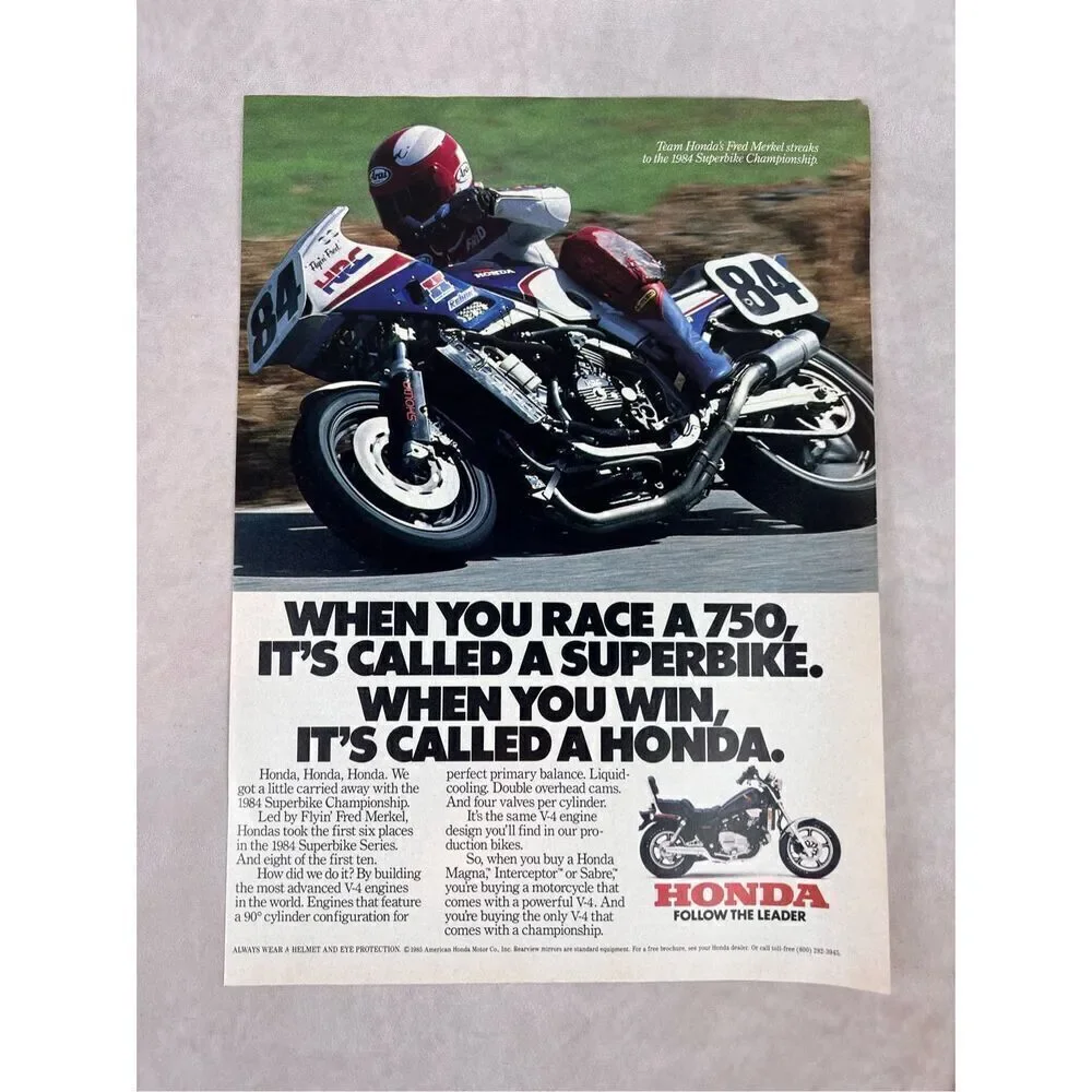 Vintage 1985 Honda Motorcycle Print-Ad/Fred Merkel/ 1984 Superbike Championship